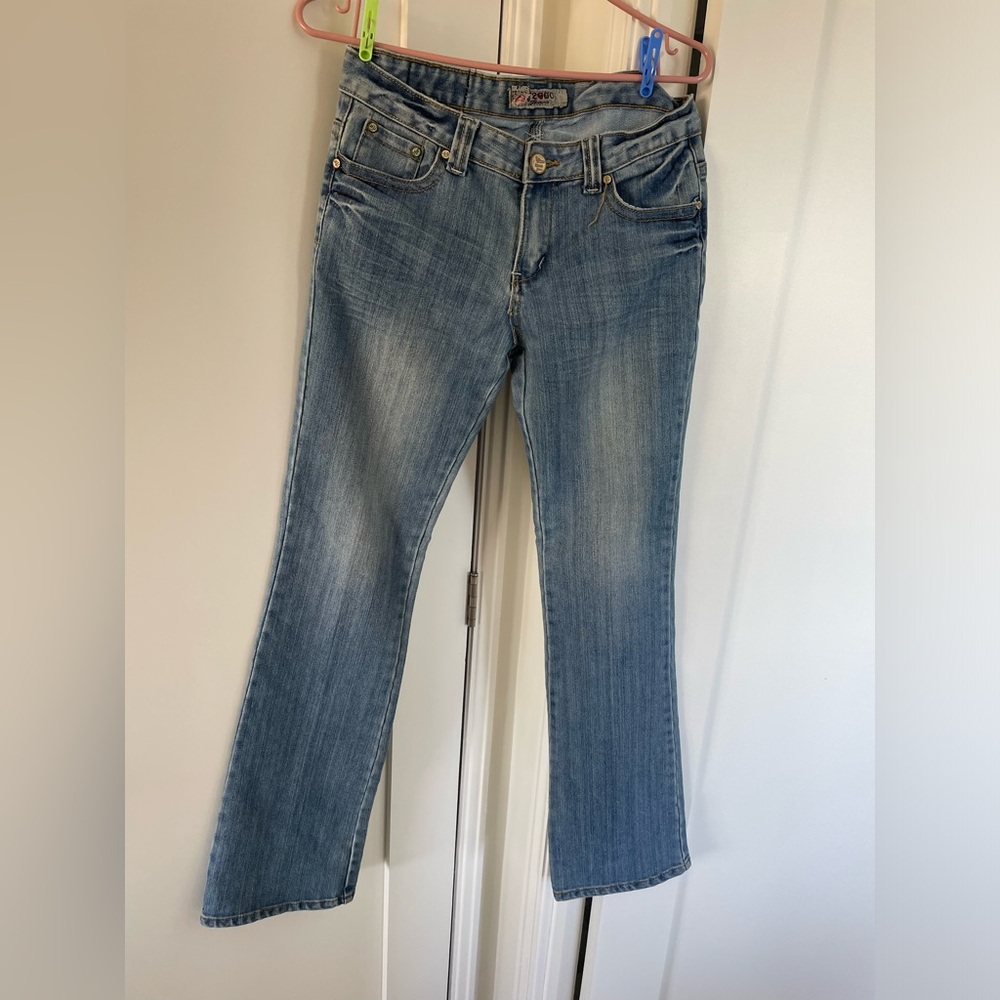 T2000 Blue Denim Low Rise Bell Bottom Jeans with Sparkled Back Pockets